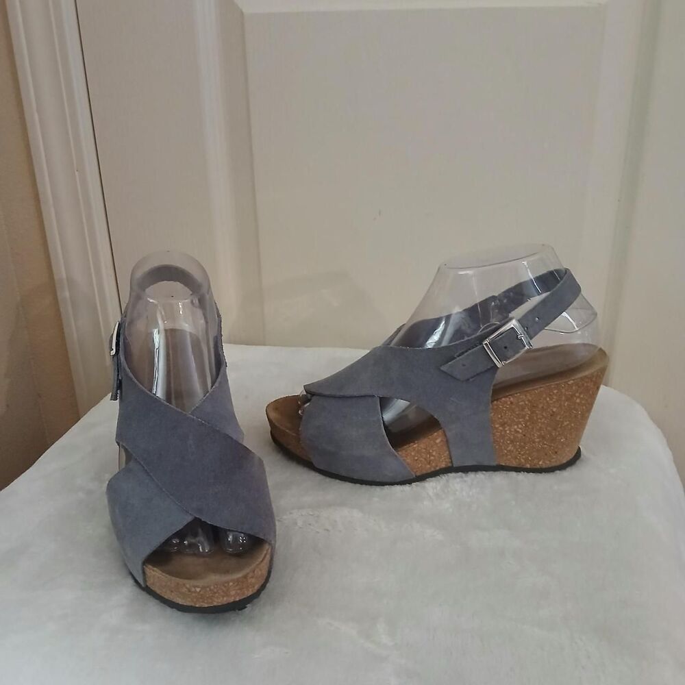 Y2K Vintage A. Giannetti Blue Suede Platform Cork Wedge Sandals Boho EuroSummer